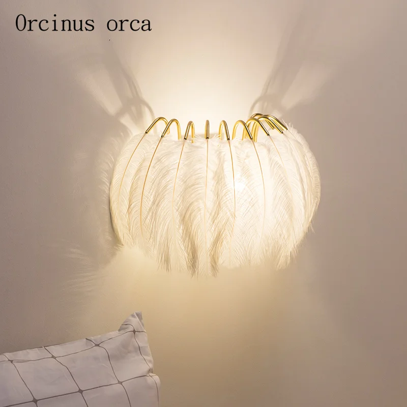 

Nordic modern simple feather wall lamp Girl Bedroom Princess bedroom bedside lamp American creative personality LED wall lamp