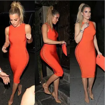 

2019 summer summer Orange Red Hollow Out Bodycon Women Bandage Dresses Mid Calf Sexy Sleeveless Evening Party Khloe Kardashian