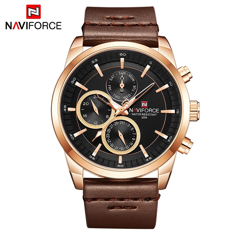NAVIFORCE часы мужские роскошные золотые черные кожаные спортивные