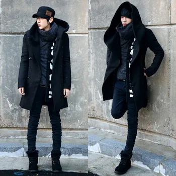 

2018 Winter Men's Fashion Wool blend Double Breasted Medium-long Windbreaker Thicken Outwear Black/Navy Color Casual Coat M-2XL