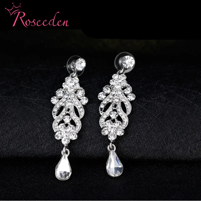 

Elegant Crystal Long Earrings Sparkling Flower Tear Drop Bride Earrings Wedding Jewelry RE3144
