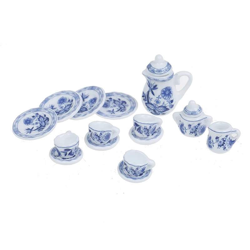 

New 15Pcs 1/12 Miniature Kitchen Flower Patten Porcelain Coffee Tea Cups Ceramic Tableware Accessories