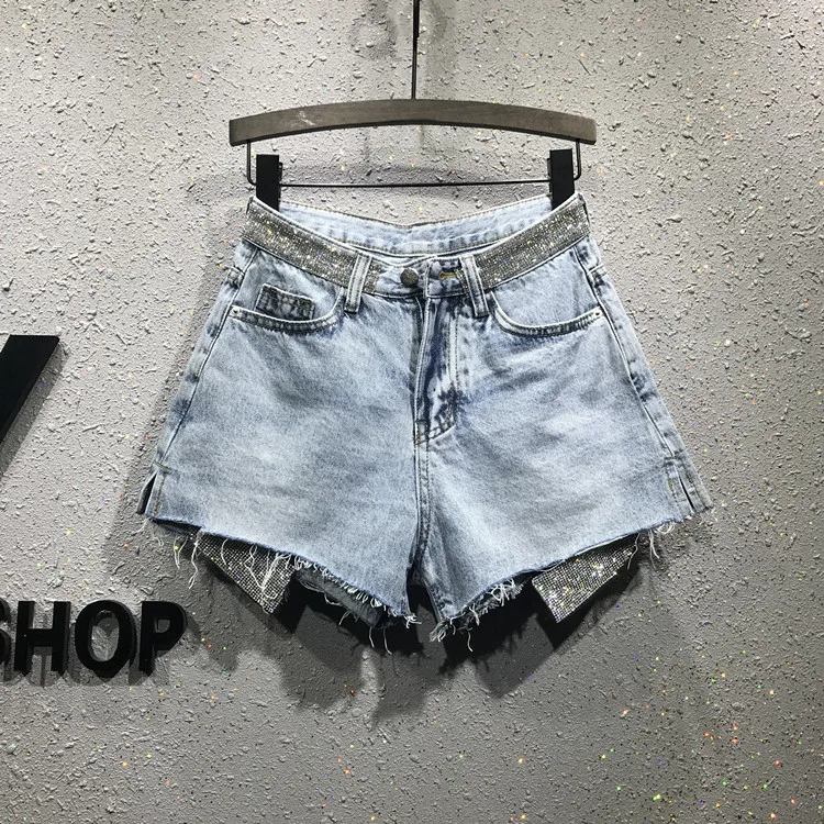 summer new women shorts shine diamond bling denim jean female sexy hot club high waist wide leg shorts - Цвет: blue