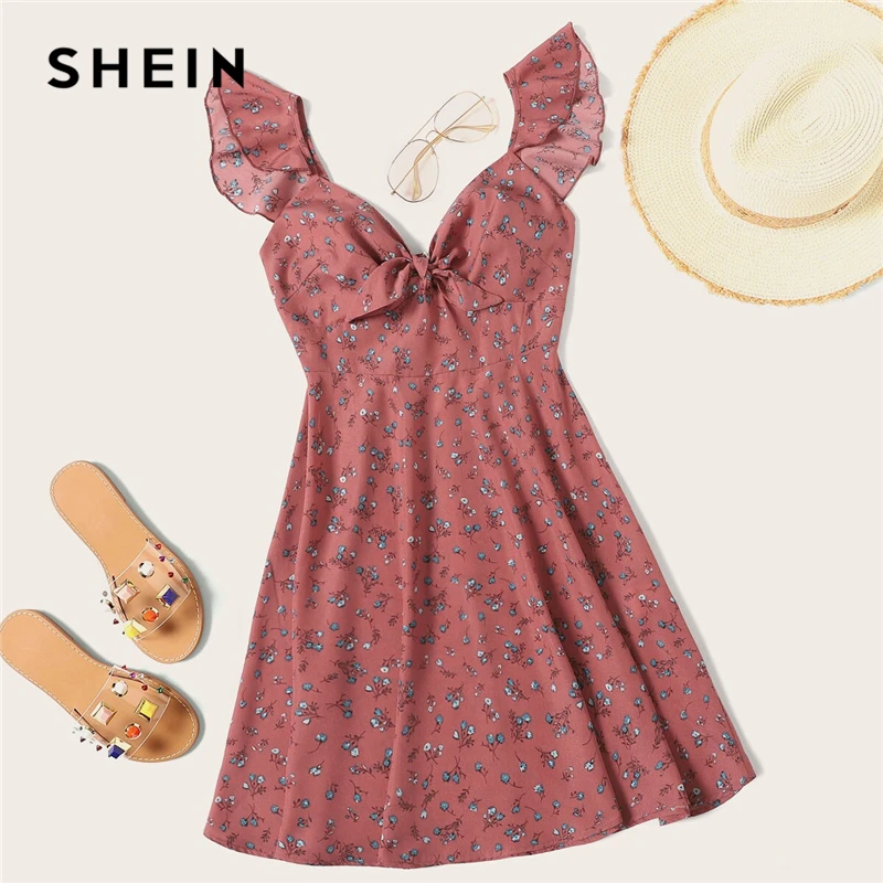SHEIN, платье размера плюс с оборкой и узлом спереди, платье с цветочным рисунком,, женское летнее платье в стиле бохо, с высокой талией, ТРАПЕЦИЕВИДНОЕ, без рукавов, плюс короткие платья