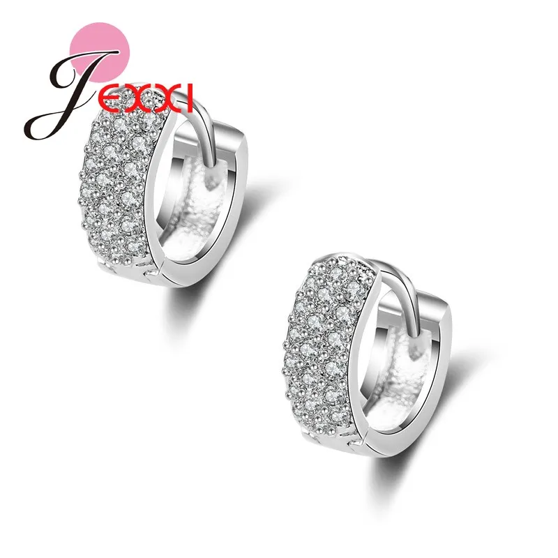 JEXXI Free Shipping Wholesale 1 Pairs Trendy Women/Girl’s CZ Diamond Pierced Hoop Earrings Silver Jewelry Gift White Gold Plated
