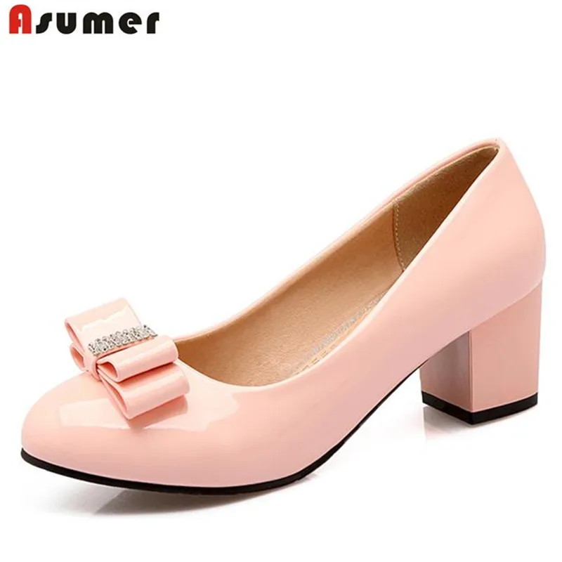 

Asumer Sweet fashion women shoes pumps high square heels shoes large size 33-43 dolif bowtie wedding party shoes