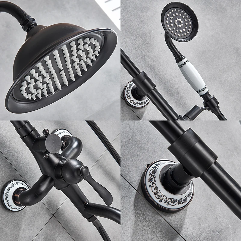 quyanre wanfan bronze black shower faucet set with creamic decoration rainfall shower head with swivel tub spout 3 way mixer tap bathroom shower faucet kit5