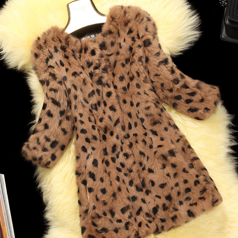

Leopard Color Natural Rabbit Fur Jackets Outerwear Women O neck 3/4 Sleeve Real Rabbit Fur Coats 2019 Autumn Winter