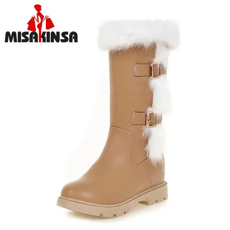 

MISAKINSA Women Round Toe Low Heel Mid Calf Boots Woman Buckle Style Half Boot Female Fur Winter Shoes Footwear Size 34-43