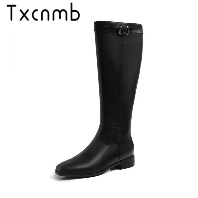 

TXCNMB Winter Boots Women Knee High Boots Warm Boots New Fashion Real Leather Women Shoes Round Toe Heel Black Ladies 2019