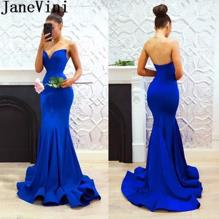 JaneVini промо длинное платье для выпускного с подолом в виде русалочьего хвоста ярко-синий сексуальный комбинезон атласная Вечеринка без спины платье Vestido вечернее с v-образным вырезом