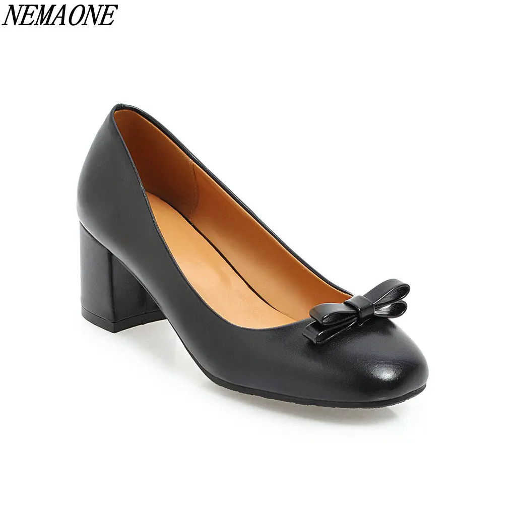 

NEMAONE 2018 New Spring Sweet Street Style Butterfly-knot Women Pumps Round Toe Square Heel Women Walking Shoes