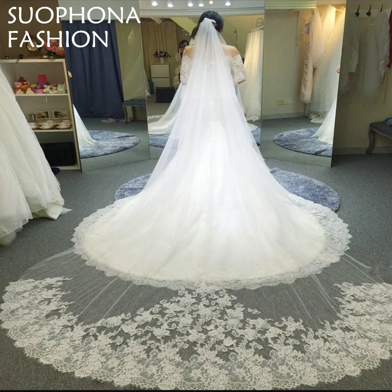 Online Whole Plus Size Wedding Accessories From China Fashion 1 Layer White Lace Vestido De Noiva 2017 Plus Size Long 3 Meter Wedding Veil