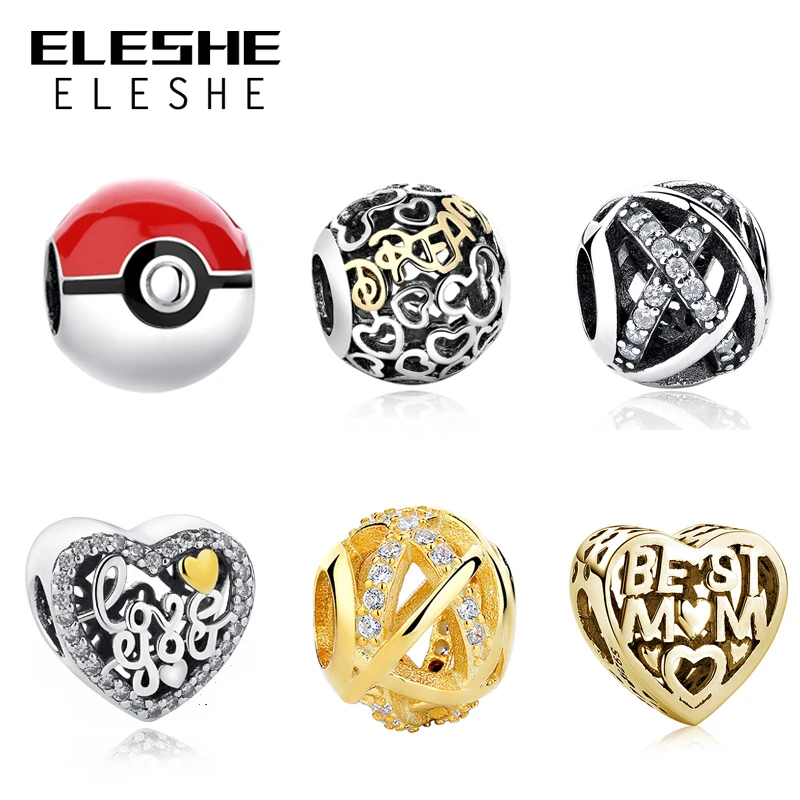 

ELESHE Real 925 Sterling Silver Crystal Heart,Clover,MOM Charm Fit Original Bracelet Necklace Pendant Authentic Jewelry