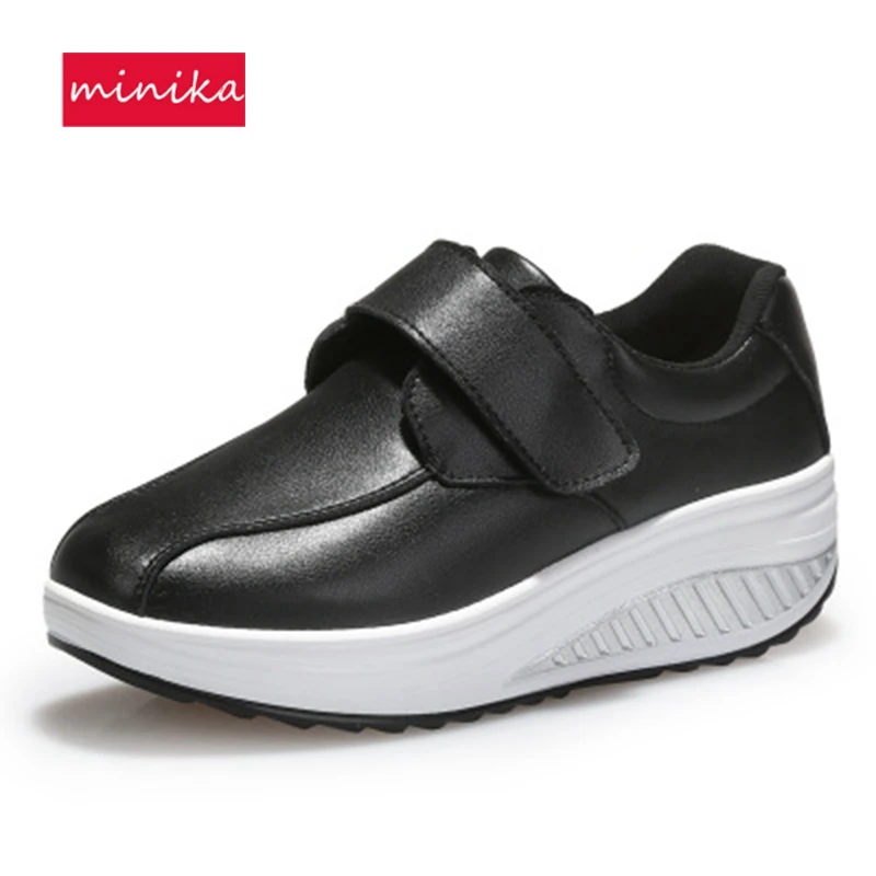 Genuine Leather Women Swing Shoes Hook&Loop Thick-sole Toning Shoes 2018 Comfortable Height Increasing Female Slimming Shoes