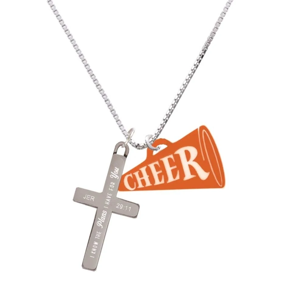 Acrylic 1.25 Orange Cheer Megaphone - Plans I Have for You - Cross Necklace