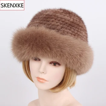 

New Winter Ladies 100% Natural Mink Fur Hats Knitted Warm Genuine Fox Fur Cap Russian Women Luxurious Outdoor Real Mink Fur Hat