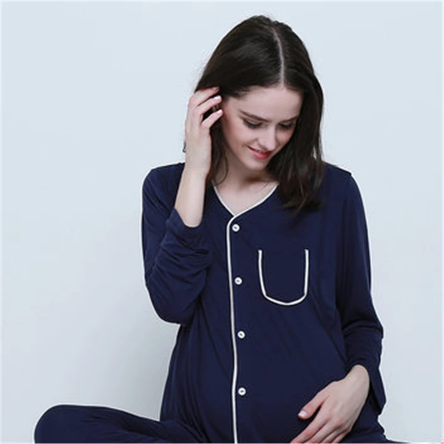 Autumn Winter Maternity Nursing Clothes Breastfeeding Pregnant Pajama Suit Solid Warm Cotton