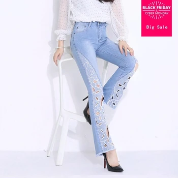 

7XL Fashion brand embroidery flowers cotton jeans woman Casual denim Pants Plus size with stretch hollow cut flare Pants wq283