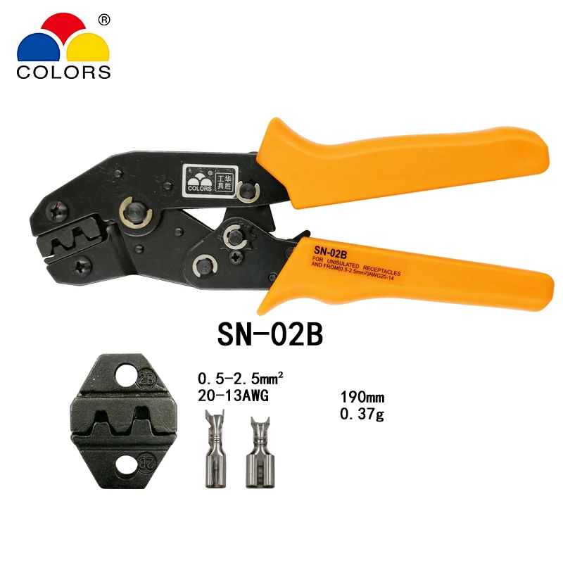 

COLORS SN-02B crimping plier capacity 0.5-2.5mm2 20-13AWG for unisuated receptacles and TAB 2.8 4.8 6.3 terminals tools
