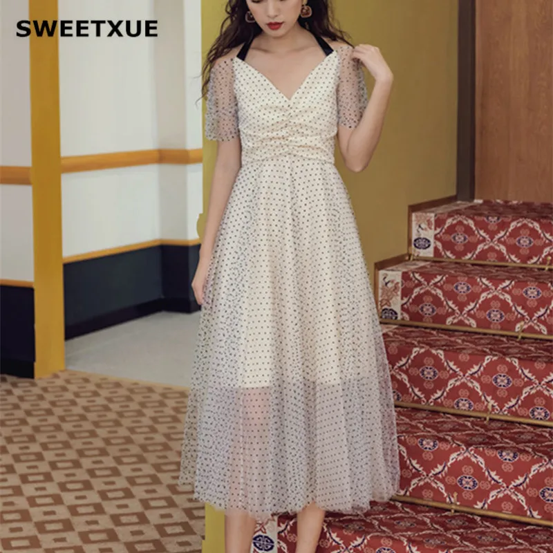 

SWEETXUE Elegant Polka Dot Long Dress Deep V Neck Bow Lace-Up Short-Sleeved High Waist 2019 Summer Women Beach Casual Dress