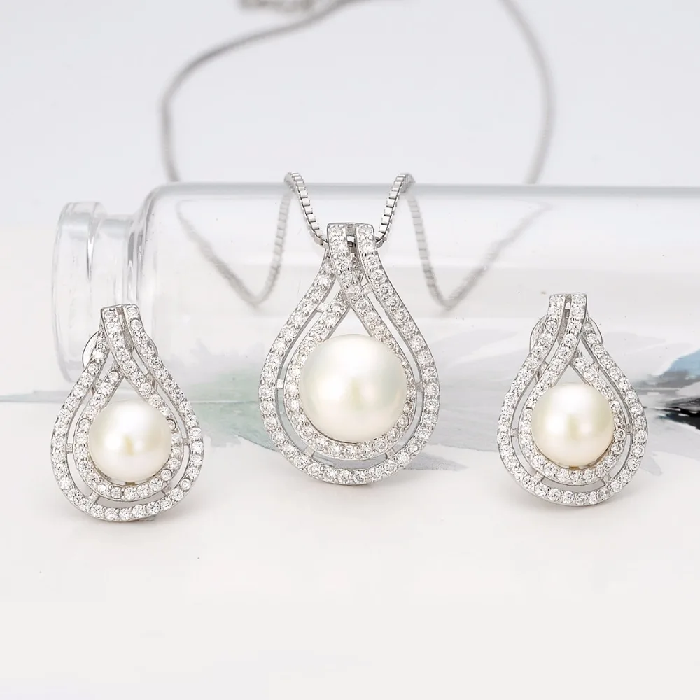 

Tuliper 925 Sterling Silver Layer Teardrop Bridal Necklace Earrings Set Cubic Zircon Freshwater Cultured Pearl Jewelry Set