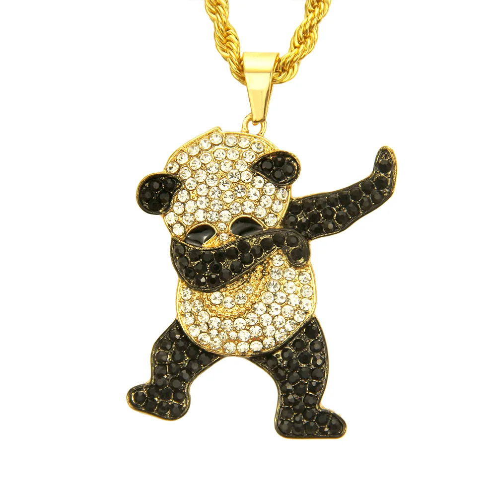 

Gold Color Rhinestone Luxury Hip Hop Dancing Funny Animal Panda Pendant Iced Out Rock Hip Hop Necklaces For Mens Jewelry Gifts