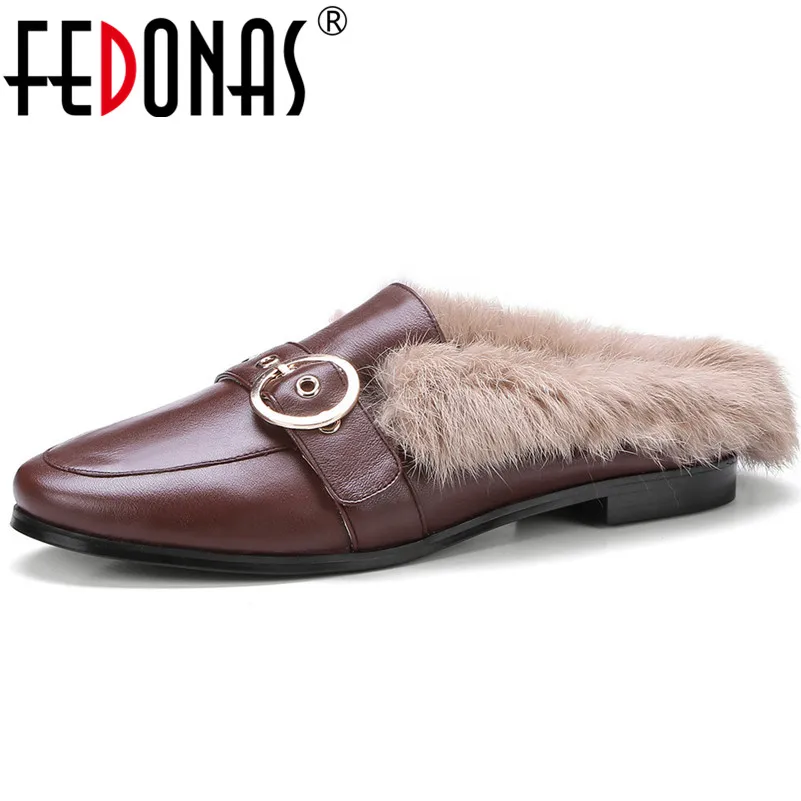 

FEDONAS Brand Women Fur Autumn Slippers Round Toe Buckles Mules Shoes Woman Low Heels Comfort Slippers Wedding Party Shoes
