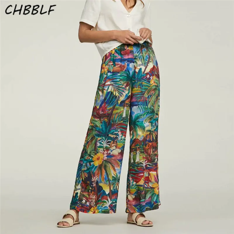 

CHBBLF women retro prints wide leg pants bow tie sashes elastic waist full length trousers summer beach pants POP1818