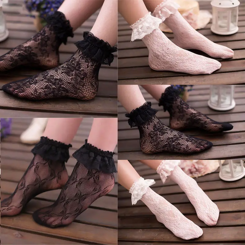 

New Brand Hot Fashion Women Thin Lace Ruffle Soft Pleats Elastic Fishnet Short Solid Ankle Socks