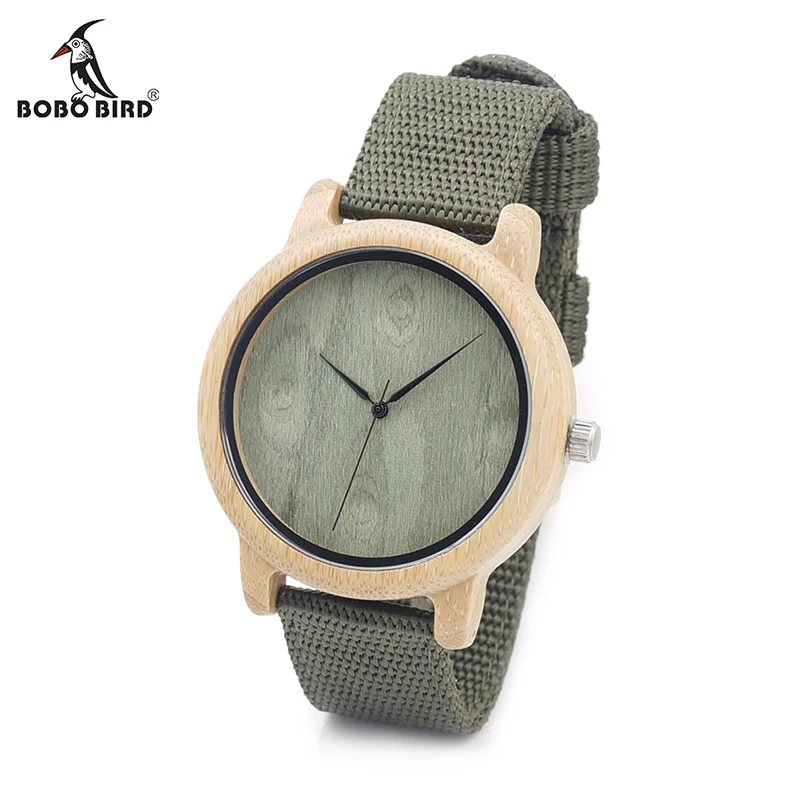 BOBO BIRD V-D12 Mens Bamboo Wooden Watches Green Wood Dial Bamboo Case Quartz Wristwatch with Nylon Strap in Gift Box