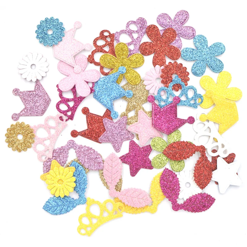 

400Pcs Mix Glitter Leather Fabric Crown Leaf Flower Bow Star Patches Handmade for Birthday/Cloth Applique Hair/Craft Accessories