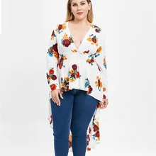 ROSEGAL размера плюс Сексуальная Цветочная длинная футболка с v-образным вырезом и высоким низким вырезом, женские топы, новая модная Осенняя футболка, топы большого размера, футболки, женская одежда