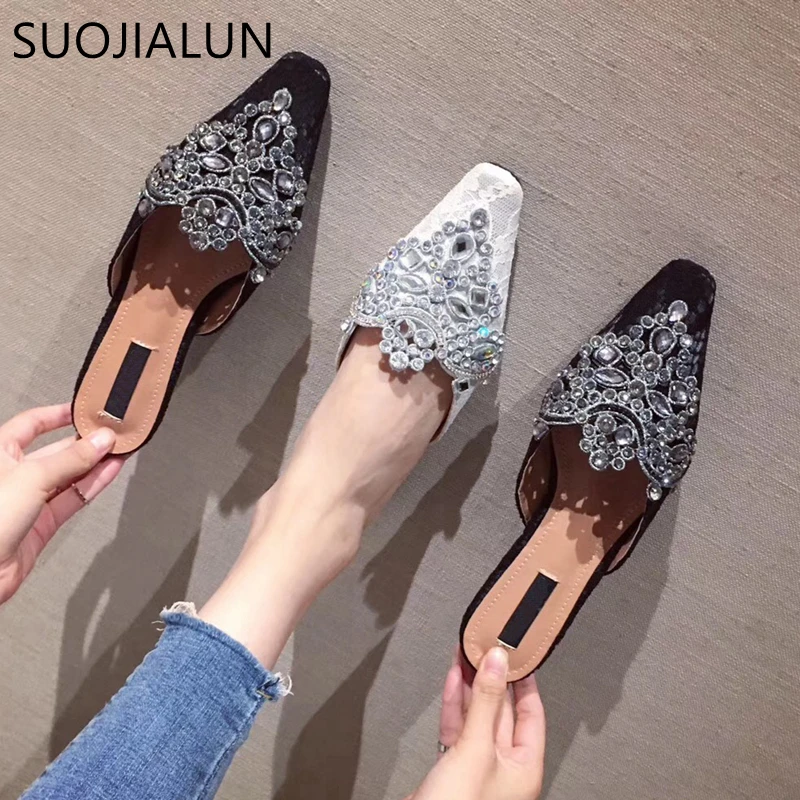 

SUOJIALUN Women Summer Slippers Outdoor Quality Flat Mules Fashion Bling Rhinestone Slip On Ladies Beach Slides Sandal flipflops