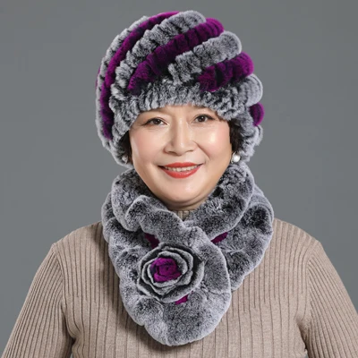 Color 6 Women Hats Scarves Sets Warm Knit Real Rex Rabbit Fur Beanies Caps Pineapple Hats Winter Flower Scarves Hats Women - Цвет: Color 6
