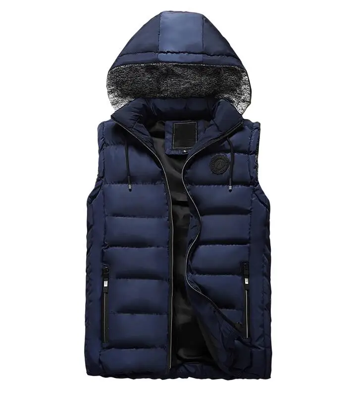 Warm Sleeveless Jacket Men Thickening Cotton Down Vest Hat Hooded Vest Winter Waistcoat for Male Casual Tank Windbreaker - Цвет: Blue