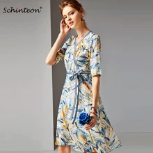 Весна Лето платье из натурального шелка с принтом, Длинное Элегантное платье с v-образным вырезом и поясом, вечерние платья с коротким рукавом, новое поступление