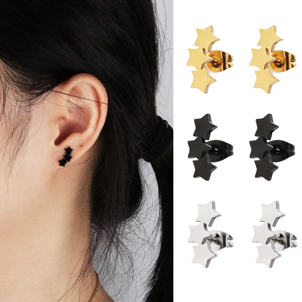 

Minimalist Three Star Earrings Punk Stainless Steel Star Tiny Ear Stud Simple Women's Fashion Party Jewelry