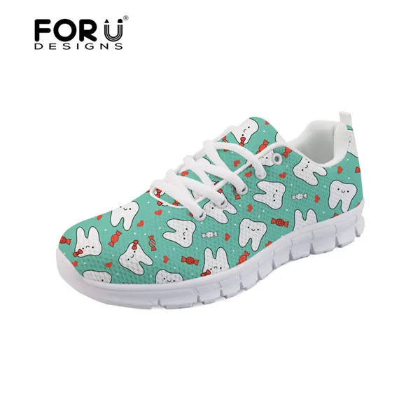 

ELIVISWORDS Cartoon Dentist Printing Women's Flats Shoes Sneakers For Teen Girls Lace Up Mesh Shoe for Female Zapatillas Mujer