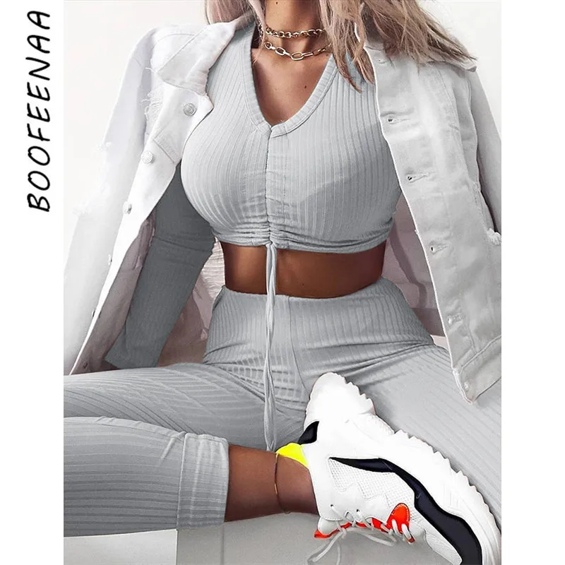  BOOFEENAA Gray Ribbed Knitted Sexy Two Piece Set Top and Pants Tracksuit Women Clothing Fall Winter
