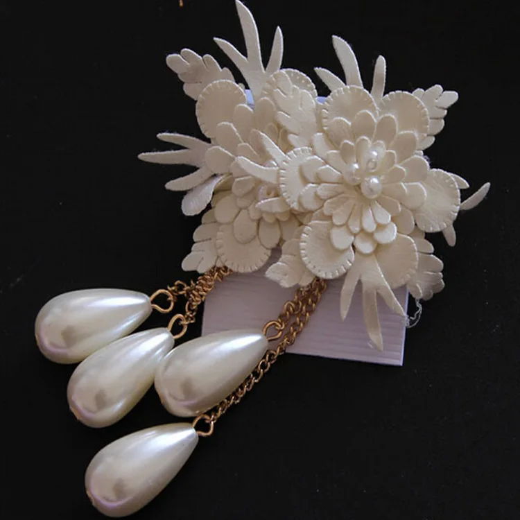 White & Pink lace leather flower pearl earrings fashion jewelry