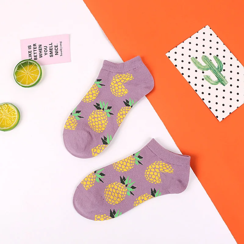 Классические парные носки-башмачки с принтом фруктов и животных Дышащие носки в стиле хип-хоп для скейтборда, Винтажные эластичные мягкие модные носки унисекс - Цвет: purple pineapple