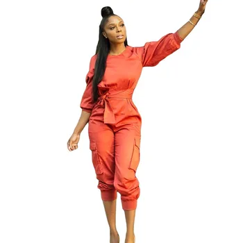 

Solid color lantern sleeves jumpsuit 2019 spot fashion casual woven pocket belt design fashion high street women's jumpsuit