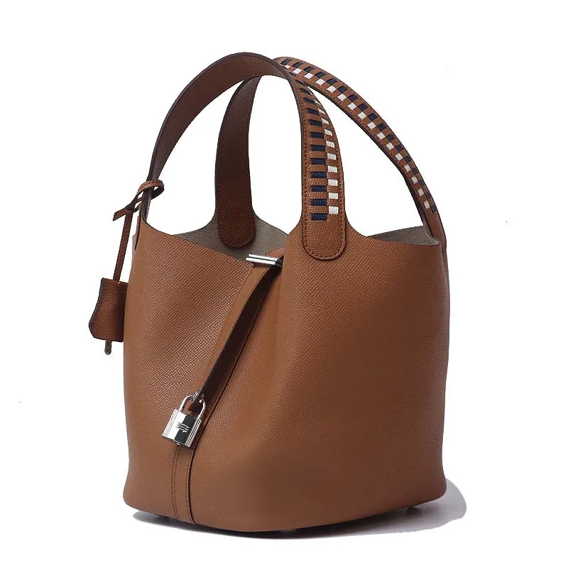 

2019 Brown Genuine Leather Handbag Women Saffiano Bucket Bag 100% Real Leathe Brand Bag