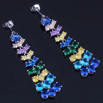 

Fascinating Long Multigem Multicolor Sky Blue Cubic Zirconia White CZ Silver Plated Drop Dangle Earrings V0780