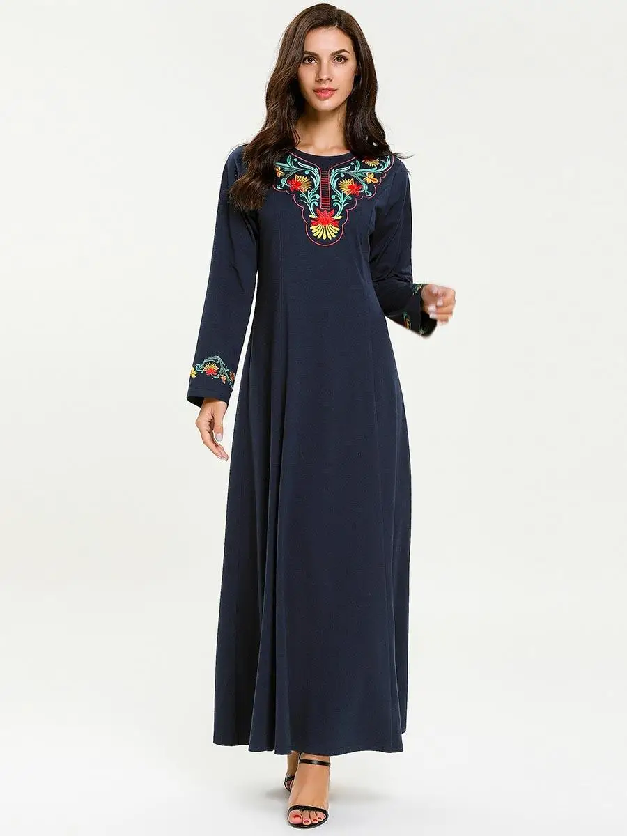Длинное трикотажное платье с вышивкой Abaya Кафтан Макси халат для мусульманских