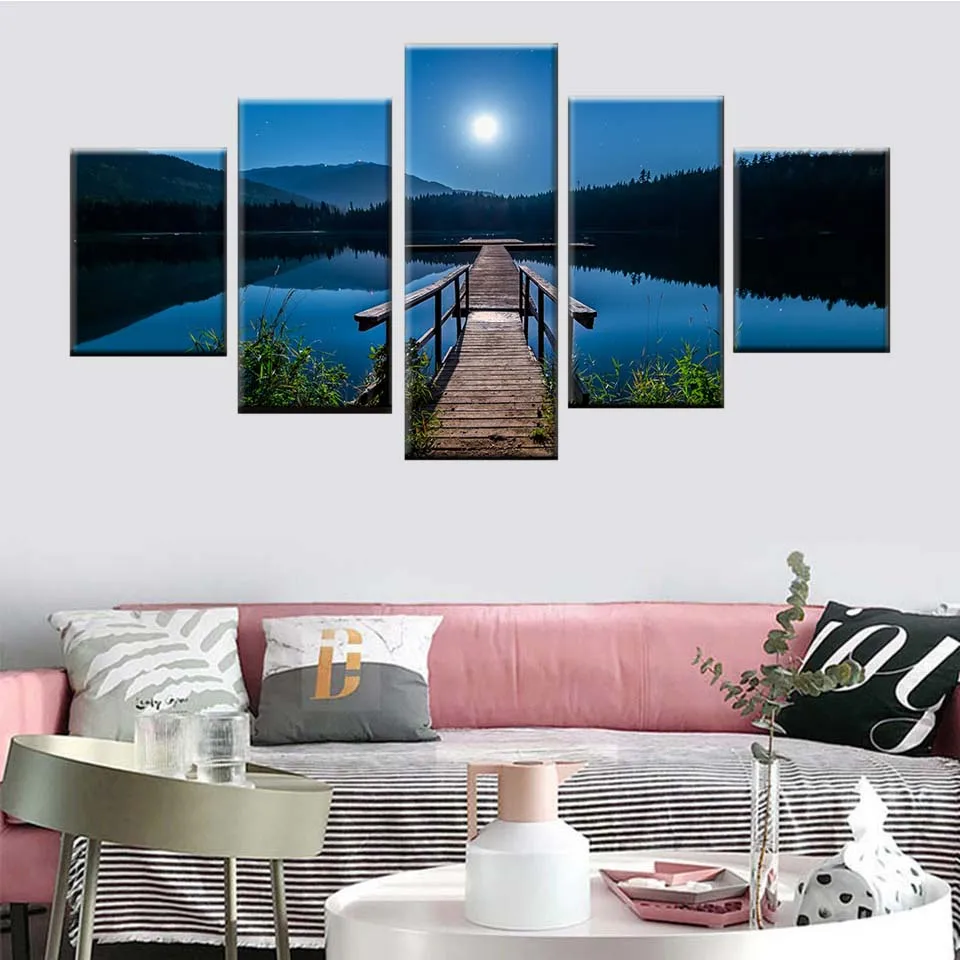 

HD Print Canvas Wall Art Picture 5 Pieces Curve Calm Lake Moon Night Scene Painting Home Decor Poster Living Room Frame