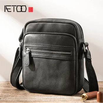 AETOO Leather shoulder bag men's casual Messenger bag head layer leather vertical men's Korean version of the trend diagonal ms new wave korean version of the joker laptop shoulder bag the first layer ms leather messenger bag zipper leather handbag