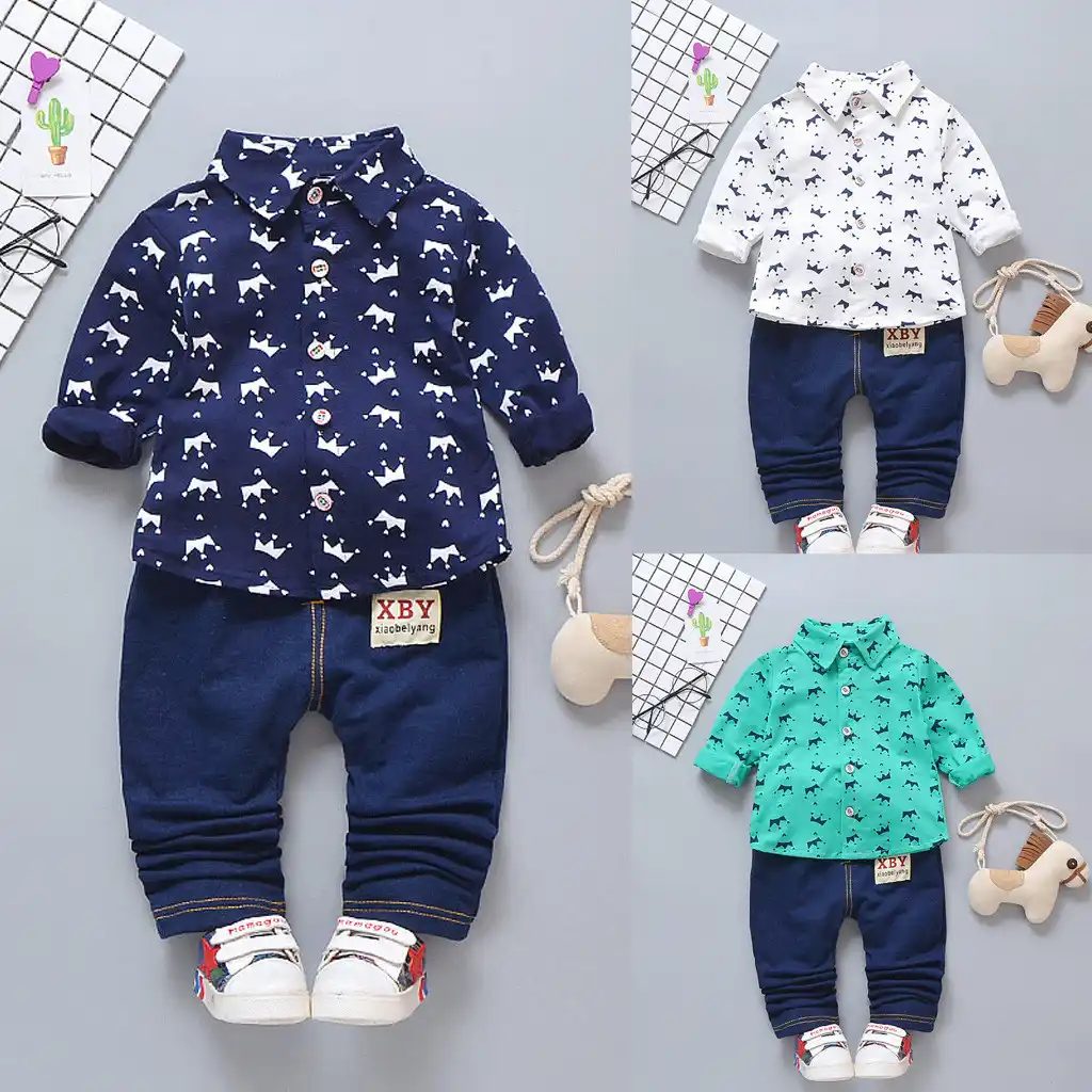 Denim Shorts Pants Clothes Casual Set Toddler Kids Baby Boy Crown T Shirt Tops
