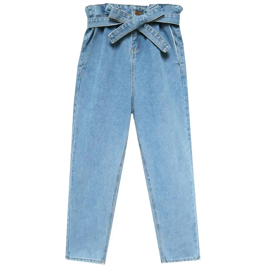 Весенне-осенние модные женские шаровары, джинсы, модные винтажные рваные джинсы с высокой талией и завязками, свободные джинсы - Цвет: blue